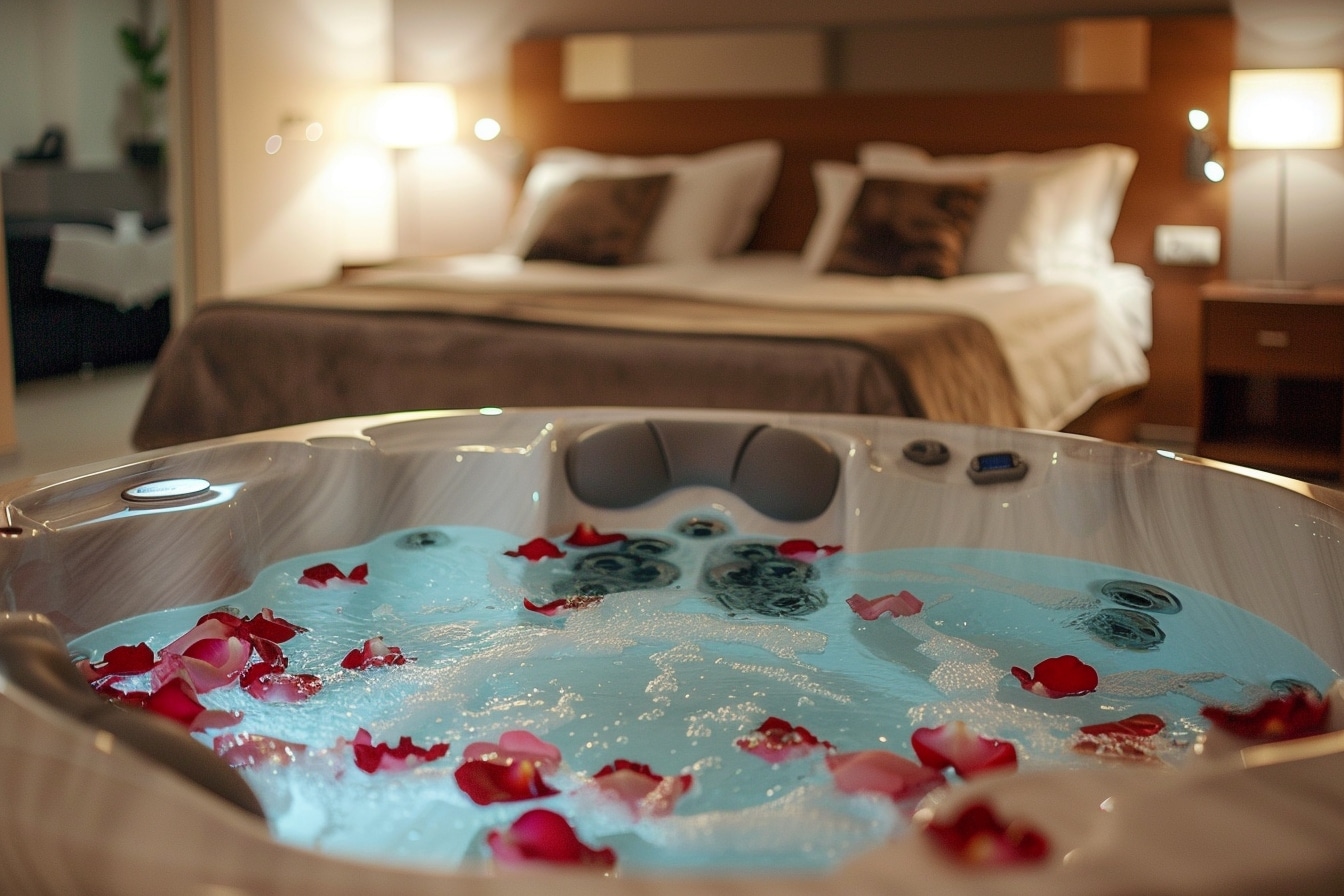 Y a-t-il des locations avec spa privatif proposant des options romantiques, telles que des pétales de roses ou des bains à la bougie ?